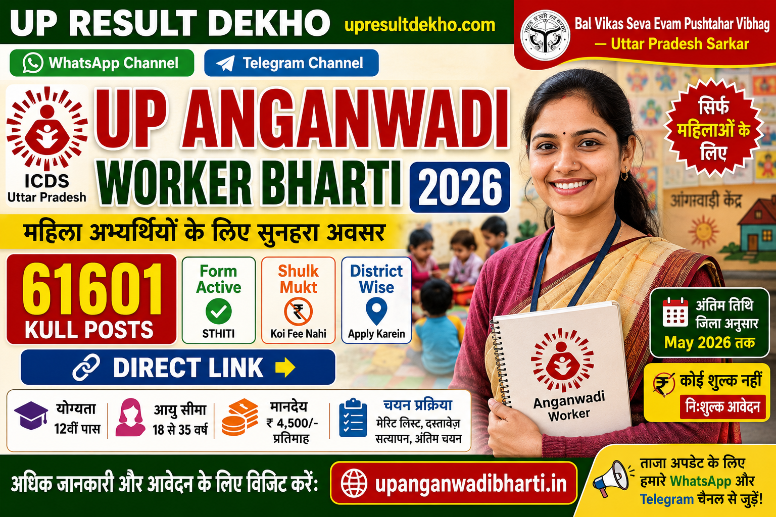 UP Anganwadi Worker Bharti 2026 – 61601 Posts District Wise Apply Online